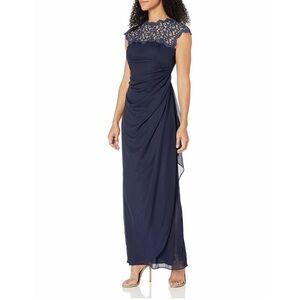 Alex Evenings Women's Long Lace Cap Sleeve Side Ruched Gown